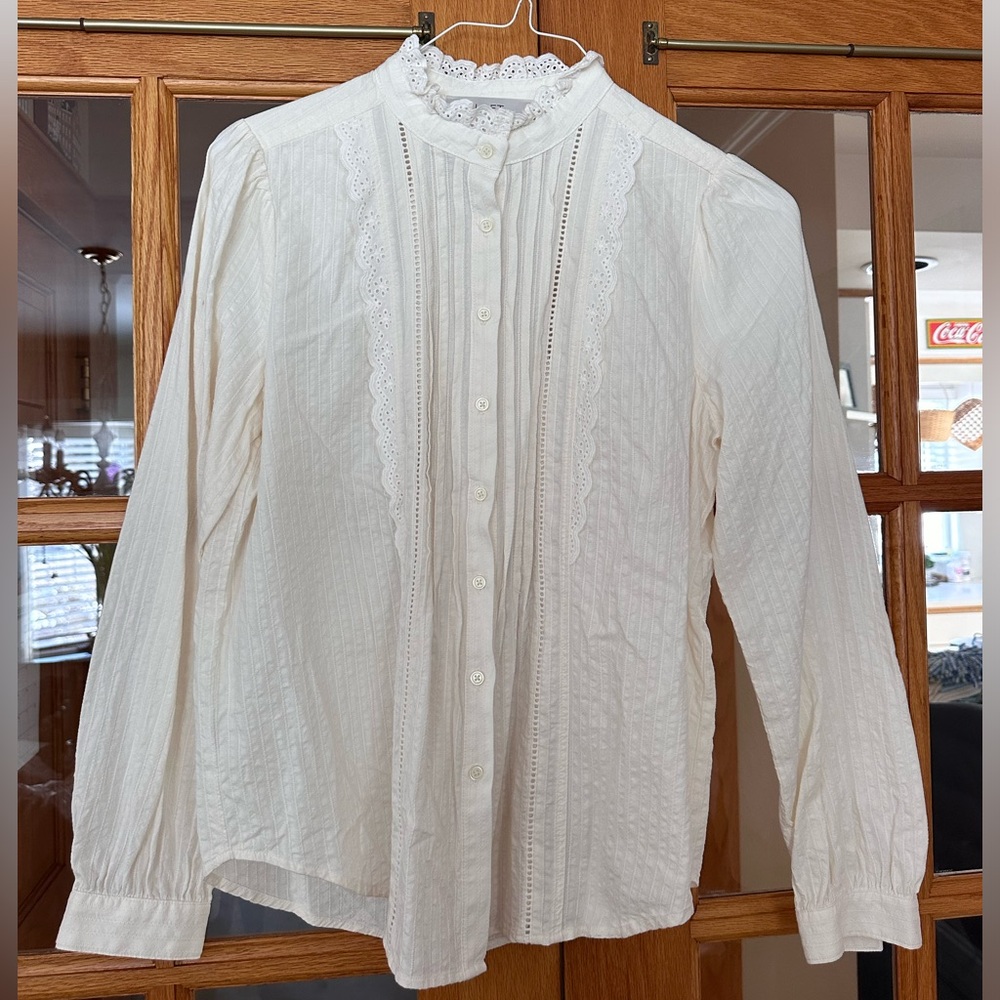 LOFT Ivory Button-Up Blouse with Lace Details